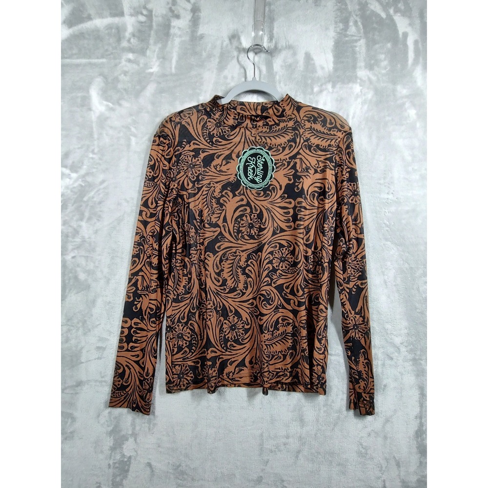 Sterling Kreek Womens Copper Black Paisley Mesh‎ Mock Neck Long Sleeve Top M NEW
